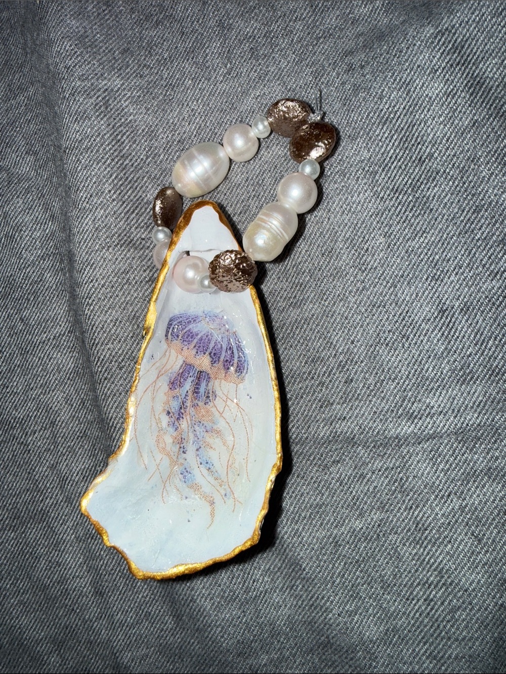 Hand-Painted Jellyfish Oyster Shell  Ornament  in Purple and Gold